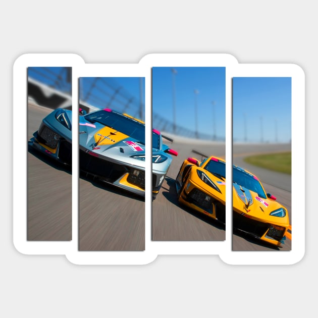 Dual C8.R racecars on Daytona International Speedway race track Supercar Sports car C8 Racing car Sticker by Tees 4 Thee